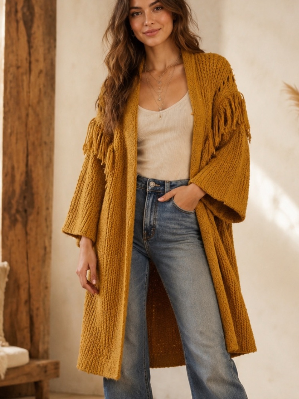 Anthropologie Stevie mustard brown fringe cardigan sweater nbnn